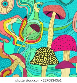 Abstract psychedelic background with mushrooms. Hand drawn vector illustration. Flat color design.