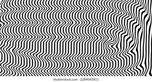 Abstrakter psychedelischer Hintergrund, optische Täuschung. Wavy Black-Muster. 70er Jahre Stil, gestreifter Hintergrund. Vektorgrafik