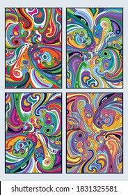 Abstract Psychedelic Background Set, Colorful Waves 1960s Hippie Art Style Tissue Patterns