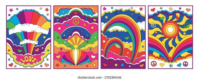 Abstract Psychedelic Backgrounds, Bright Outdoor Illustrations, Hippie Style Art, Rainbows, Skies, Clouds