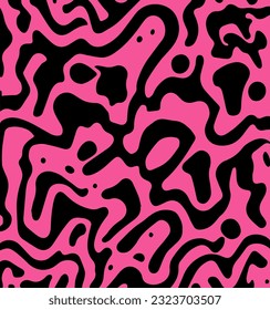 Abstract psychedelic black and pink backround with melting geometric shapes and lines in retro hippie style.
