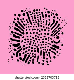 Resumen psicodélico de fondo negro y rosa con blobs en estilo retro hippie.