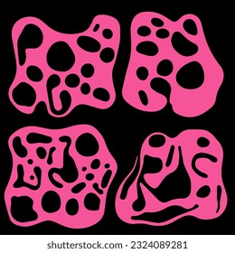 Resumen de fondo psicodélico negro y rosa con formas geométricas derretidas y líneas en estilo hippie retro.