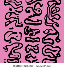 Abstract psychedelic black and pink backround with melting geometric shapes and lines in retro hippie style.