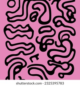 Resumen de fondo psicodélico negro y rosa con formas geométricas derretidas y líneas en estilo hippie retro.