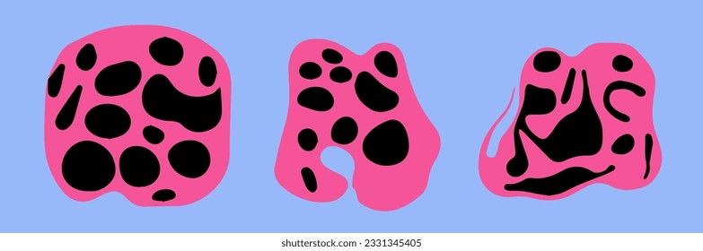 Resumen de fondo psicodélico negro y rosa con formas geométricas derretidas y líneas en estilo hippie retro.