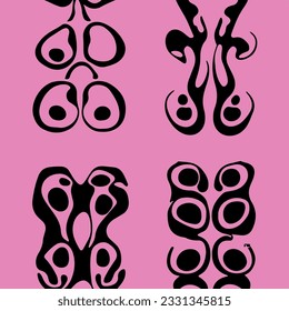 Resumen de fondo psicodélico negro y rosa con formas geométricas derretidas y líneas en estilo hippie retro.