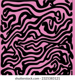 Abstract psychedelic black and purple backround with melting geometric shapes and lines in retro hippie style.