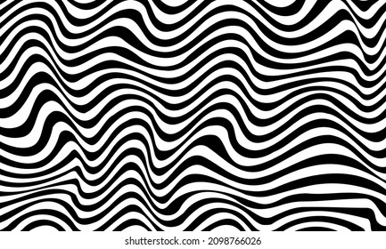 Abstract psychedelic black and white zebra stripes background. Optical illusion wavy lines