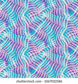 Abstract psychedelic blue and pink tropical leaves seamless pattern. Bright trendy vector exotic fern leaves texture for textile, wrapping paper, background, surface, cover, web design