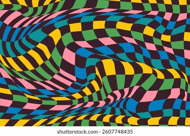 Abstract Psychedelic Checkerboard Background with Retro Colors. Trippy design with distortion grid effect. Twisted wavy and groovy geometrical chessboard. Distorted funky 70s hippie art