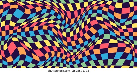 Abstract Psychedelic Checkerboard Background with Retro Colors. Trippy modern design with distortion grid effect. Twisted wavy and groovy geometrical chessboard. Distorted funky 70s hippie art