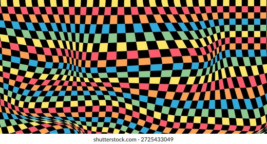 Fondo de tablero de ajedrez psicodélico Abstractas con Colores retro. Diseño moderno Trippy con efecto de rejilla de distorsión. Tablero de ajedrez geométrico trenzado y ondulado. 