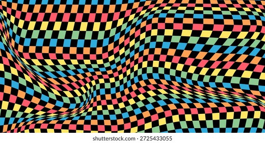 Fondo de tablero de ajedrez psicodélico Abstractas con Colores retro. Diseño moderno Trippy con efecto de rejilla de distorsión. Tablero de ajedrez geométrico trenzado y ondulado. 
