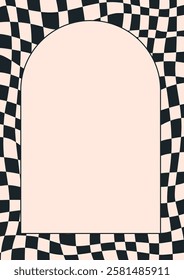 abstract psychedelic checkerboard pattern with arch frame. Groovy checkered Retro background. Trendy vector frame in abstract y2k style. Vector graphic for posters and art prints.
