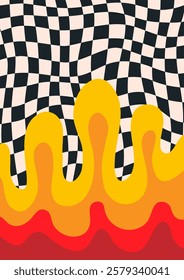 abstract psychedelic checkerboard pattern with liquid fire or lava. Groovy Retro background with checkered pattern. Trendy vector texture in abstract y2k style. Vector graphic for posters, art prints.