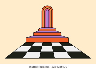 Abstract psychedelic checkered tile and doorway illustration in 70s and 80s style. Hypnosis arch and chess floor. Vintage hippie drawing. Groovy vector graphic. 
