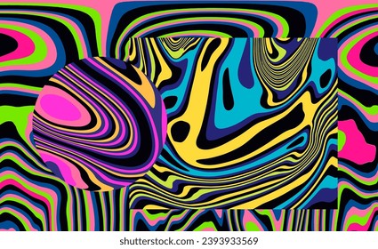 Abstract psychedelic collage of shapes and figures in neon acid colors.
