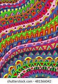 Abstract psychedelic colorful background; Mehendi design. Bright harmonious doodle texture. Bracing, usable curved doodling mehendi