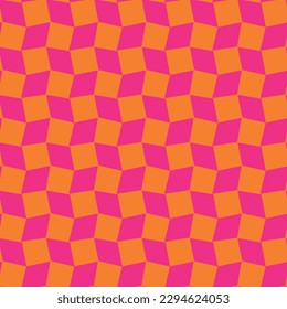 Abstract Psychedelic Curved Squares Dama Check Seamless Vector Pattern Trendy Fashion Colors Fuchsia Orange Tones