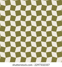 Abstract Psychedelic Curved Squares Dama Check Seamless Vector Pattern Trendy Fashion Colors Olive Green Tones