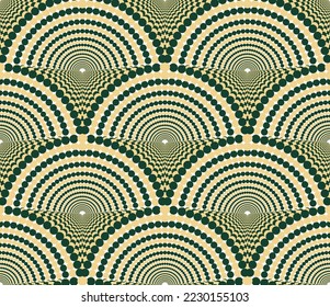 Abstract Psychedelic Dots Art Deco Style Geometric Seamless Vector Pattern Trendy Fashion Colors Perfect for Allover Upholstery Fabric Print or Wall Paper Dark Green Ecru Tones