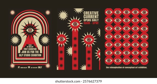 Abstract psychedelic exhibition posters with red and black eye motifs. Bold design with eye patterns. Eye-catching graphics for art exhibition. Psychedelic retro poster template vectors.