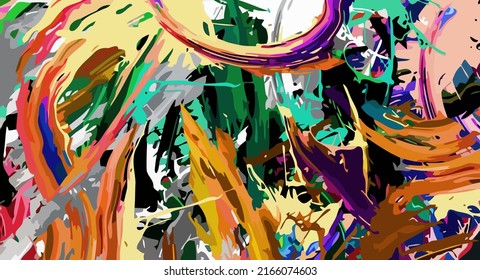Resumen del fondo psicodélico fractal de la ilustración de acuarela estilizada, manchas de color caóticamente borrosa y trazos de pintura de diferentes tamaños y formas