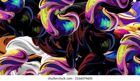 Abstract psychedelic fractal background of stylized watercolor illustration, colored chaotically blurred spots and paint strokes of different sizes and shapes