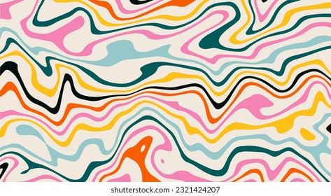 Abstract psychedelic groovy background. Colorful ripple waves on beige horizontal backdrop. Trippy distorted banner template in retro style of 70s-80s vaporwave.