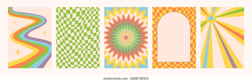 Abstract psychedelic Groovy backgrounds in retro colors. Retro pattern set. Trendy vector texture in abstract y2k style. Vector graphic for posters and art prints.