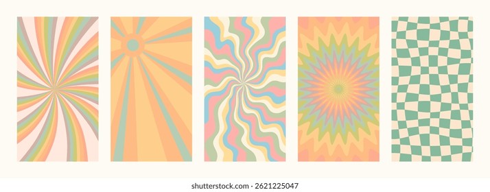 Abstract psychedelic Groovy backgrounds in retro colors. Retro pattern set. Trendy vector texture in abstract y2k style. Vector graphic for posters and art prints.