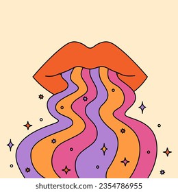 Resumen de los labios psicodélicos con la ilustración de las olas de arco iris en los años 70 y 80. Dibujo hippie vintage. Gráfica vectorial de Groovy. 