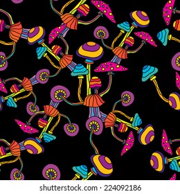 Abstract psychedelic magic mushroom seamless pattern vector illustration