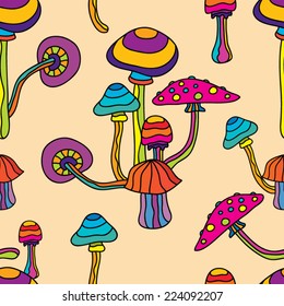 Abstract psychedelic magic mushroom seamless pattern vector illustration