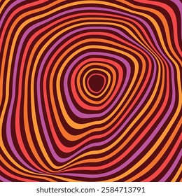 Abstract psychedelic optical illusion warped retro circles background in orange, red, brown and pink. For posters, textures and brochures 