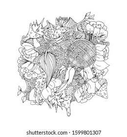 Abstract psychedelic pattern. Mushrooms. Hand drawn sketch. Doodle, bright paint. Card