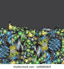 Abstract psychedelic pattern. Mushrooms. Hand drawn sketch. Doodle, bright paint. Card