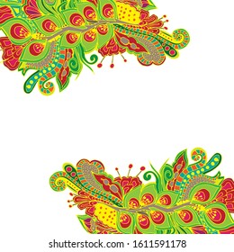 Abstract psychedelic pattern. Mushrooms. Hand drawn sketch. Doodle, bright paint. Card