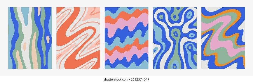 Abstract psychedelic pattern set. Groovy backgrounds with liquid paint patterns. Trendy wavy vector textures in abstract y2k style. Vector graphic for posters and art prints.