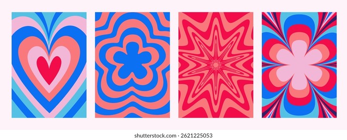 Abstract psychedelic pattern set. Groovy backgrounds with hearts and flowers in blue and pink colors. Trendy funky vector textures in abstract y2k style. Vector graphic for posters and art prints
