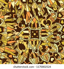 Abstract psychedelic pattern, in yellow, orange, brown tones. Sketch hand-drawn, seamless pattern