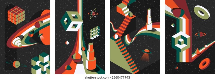 Abstract psychedelic posters with retro 1980s surreal space theme. Cosmic landscapes, optical illusions and geometric designs. Vibrant graphic banners with vintage inspired spheres and stairs