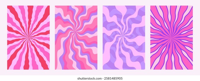 Abstract psychedelic radial wavy stripe pattern set. Groovy sunburst backgrounds pink colors. Trendy twisted funky vector texture in abstract y2k style. Vector graphic for posters and art prints