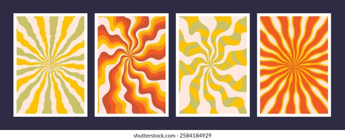 Abstract psychedelic radial wavy stripe pattern set. Groovy sunburst backgrounds in retro colors. Trendy twisted funky vector texture in abstract y2k style. Vector graphic for posters and art prints