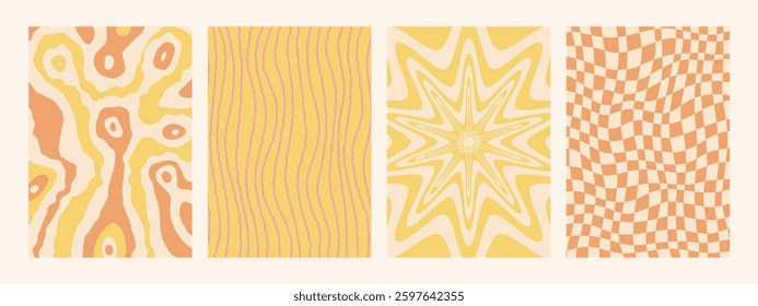 Abstract psychedelic retro backgrounds set. Groovy patterns in yellow retro colors. Trendy twisted funky vector texture in abstract y2k style. Vector graphic for posters and art prints