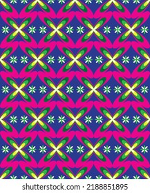 Abstract Psychedelic Retro Flowers Seamless Pattern Cross Stitch Shaped Multicolor Florals Perfect for Allover Fabric Print or Wrapping Paper Fuchsia Blue Tones