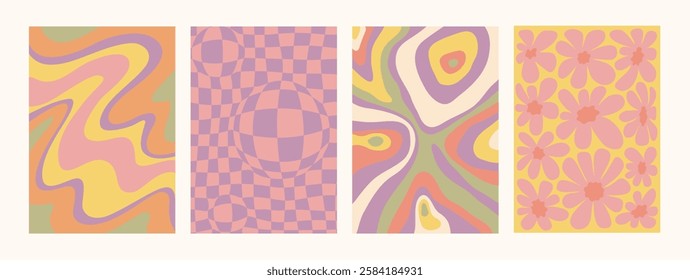 Abstract psychedelic retro pattern set. Groovy backgrounds in retro colors. Trendy twisted funky vector texture in abstract y2k style. Vector graphic for posters and art prints