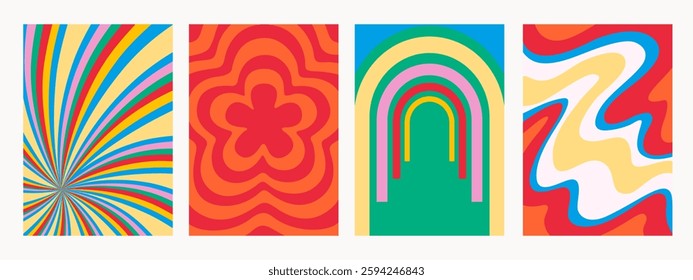 Abstract psychedelic retro pattern set. Groovy backgrounds in retro colors. Trendy funky vector textures in abstract y2k style. Vector graphic for posters and art prints
