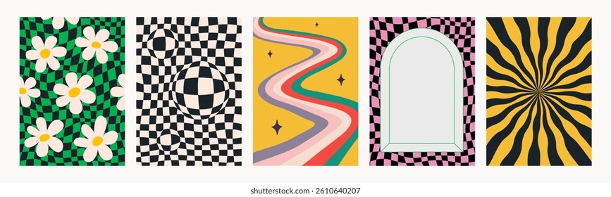 Abstract psychedelic retro pattern set. Groovy backgrounds in vivid colors. Trendy funky vector textures in abstract y2k style. Vector graphic for posters and art prints